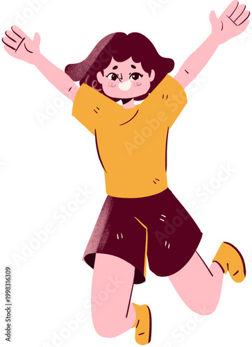 Joyful cartoon girl jumping with arms raised smiling wearing yellow shirt and dark shorts textured illustration.