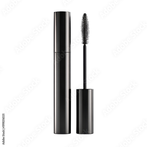 A black mascara tube and its brush standing against black. on transparent background