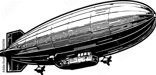 Isolated vintage airship blimp with propellers and gondola, detailed line art, retro aviation transport illustration