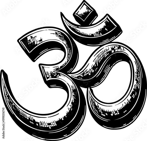 Detailed black and white illustration of the Om symbol, a sacred sound and spiritual icon in Hinduism, commonly used in meditation and yoga practices.