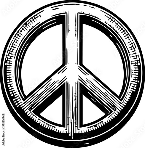A vintage illustration of a peace symbol with detailed hatching for texture. This graphic represents the anti-war movement and the concept of peace, suitable for protest and activism themes.