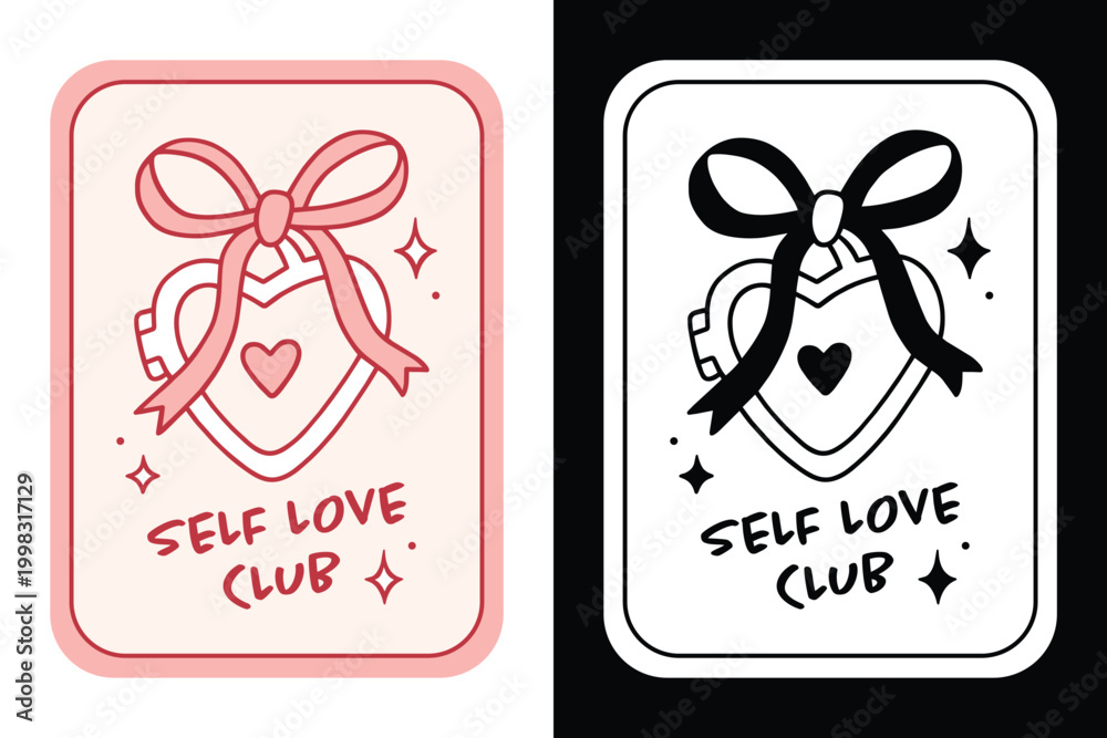 Naklejka premium Self love club heart locket with bow cute drawing self care girls group mental health quotes sticker shirt design. Coquette girly sparkle romantic aesthetic pink red black and white text poster print.