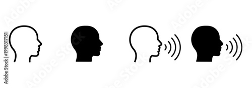 Human head icon, speech symbol, linear and solid sound icon, human head with sound waves, isolated head icon