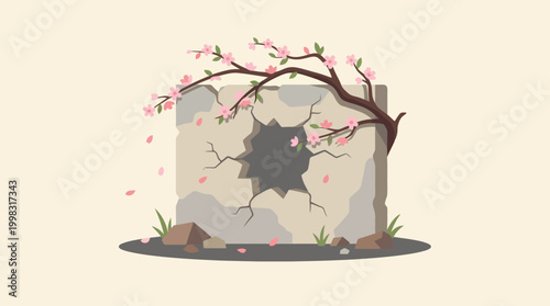 Broken stone wall with cherry blossom tree branch.