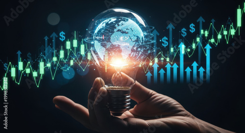 Investor analyzes global fintech growth with digital globe lightbulb, financial chart, market trend, data analytics, innovation strategy, stock performance, economic forecasting