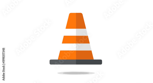 Flat design illustration of an orange and white traffic cone, a clear symbol for road safety, construction warnings, and temporary hazard demarcation, presented on a clean white background