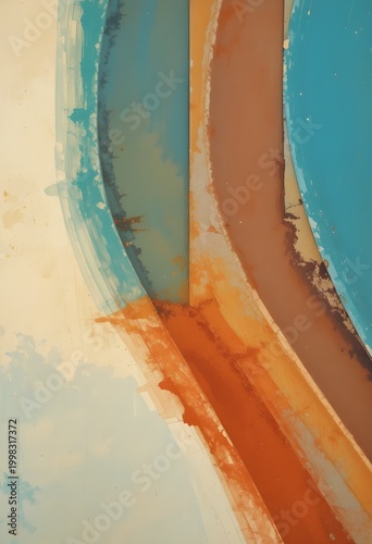 Abstract Geometric Composition with Gritty Texture and Rust Tones - Industrial Art with Teal Blue and Burnt Orange Curved Shapes - Distressed Modern Painting Style with Weathered Metallic Elements and