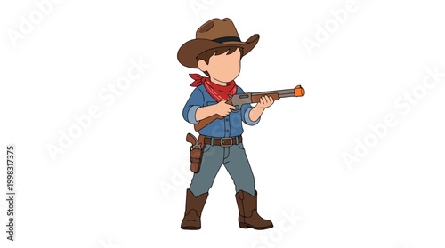 Cartoon Illustration of a Young Boy Dressed as a Cowboy Holding a Rifle.