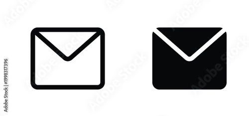 Two minimalist mail envelope icons, one outlined and one solid black, representing email or messages for digital communication.