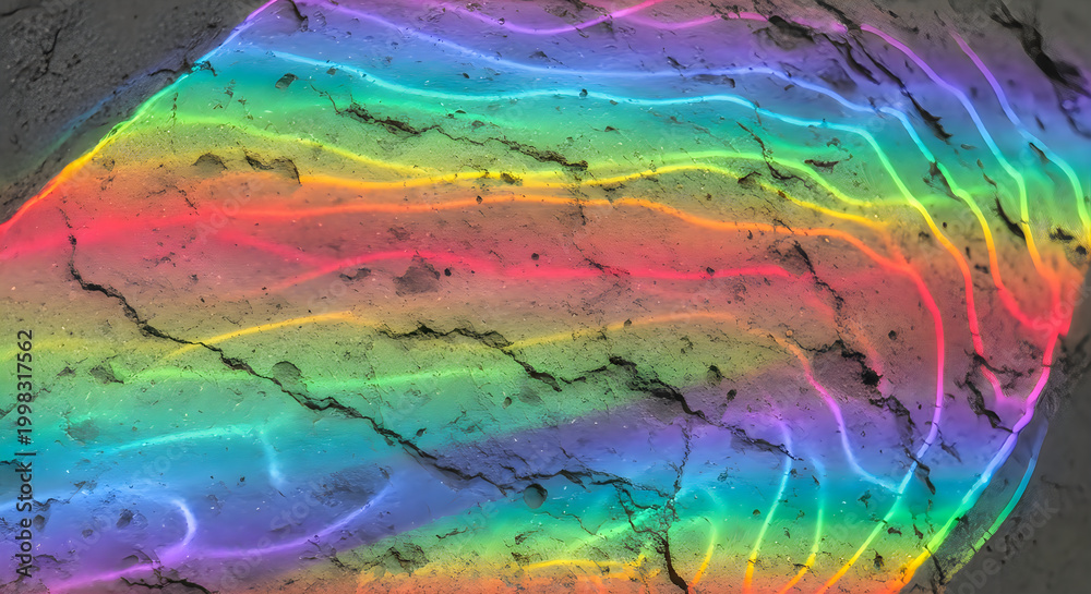 Fototapeta premium Rainbow colored neon lines on cracked asphalt road surface