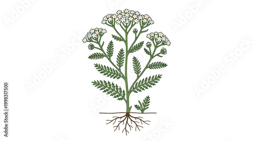 Detailed Illustration of a Yarrow Plant with Roots and Flowers.