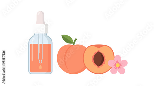 Glass bottle of peach extract oil with fresh peach fruit and flower.