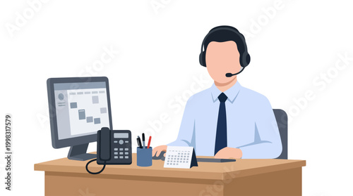 Male call center operator working at desk with headset and computer illustration.