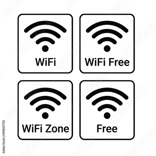 Four black and white square icons representing Wi-Fi access, including symbols for WiFi, WiFi Free, WiFi Zone, and Free internet services.