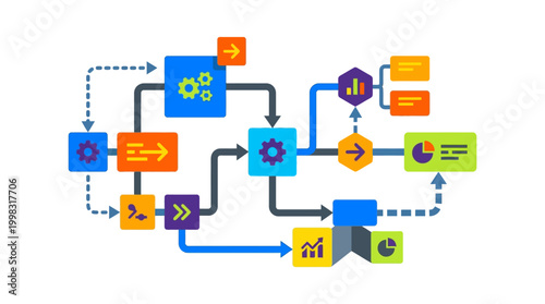 A visual representation of a complex data processing workflow or business process diagram with interconnected steps and analytics.