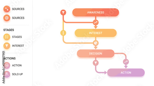 Marketing funnel diagram illustrating customer journey stages from awareness to action with gradient colors and process flow.