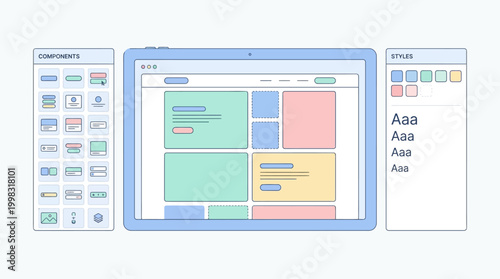 Illustration of a user interface design process showing components, layout, and styling options on a tablet screen.