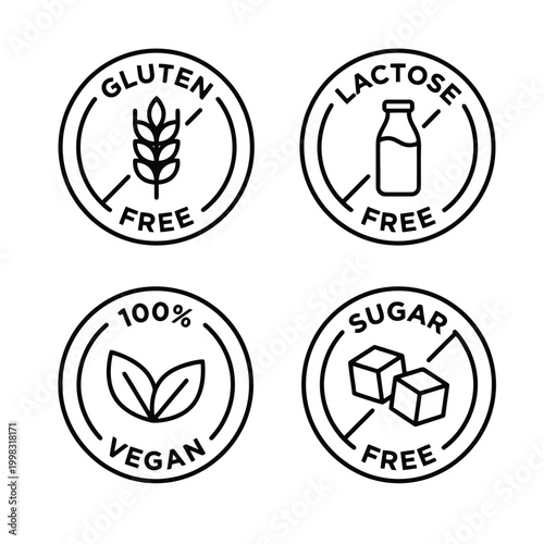 Set of four circular line art icons representing dietary restrictions and healthy eating: gluten-free, lactose-free, 100% vegan, and sugar-free.