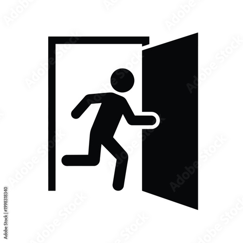 A black silhouette icon of a person running through an open doorway, commonly used as an exit or emergency exit sign.