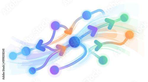 A vibrant abstract network diagram with interconnected nodes and flowing arrows, illustrating data pathways and complex systems.