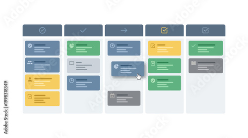 A visual representation of a digital Kanban board for project management and task organization.
