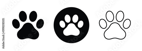 Three distinct styles of animal paw print icons, including solid black, white in a black circle, and a simple outline design, suitable for pet-related themes.