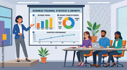 Businesswoman presenting strategy to colleagues.