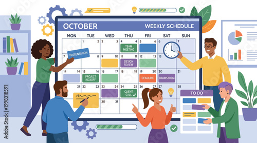 People planning and organizing with a large calendar.