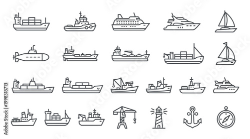 Photos Collection of various line art nautical vessels and equipment icons