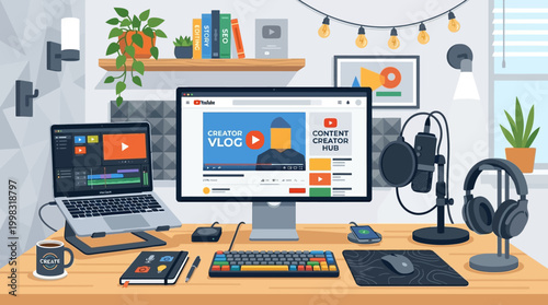 Home office workspace with computer and recording equipment.