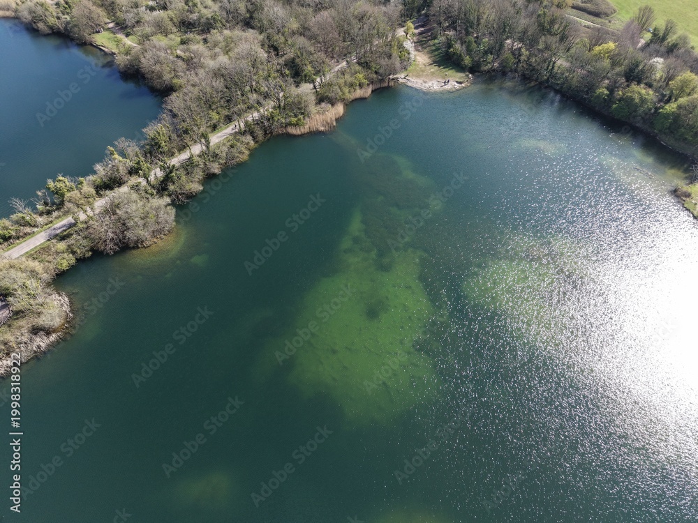 Fototapeta premium Cosmeston Lakes Country Park Aerial View of Lake and Green Open Spaces