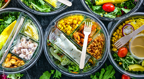 Plastic boxes with pre-packaged vegetable salads