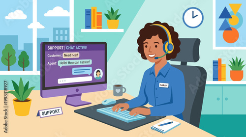 Customer support representative working at desk.