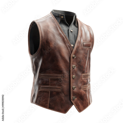 A classic brown leather V-neck waistcoat with gray shirt. on transparent background