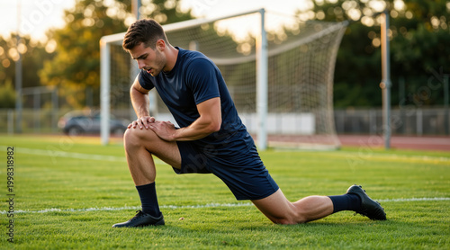 Male soccer player warming up on a green field. Athletic man in dark sportswear stretching legs before a match. Sports training, football and healthy lifestyle concept