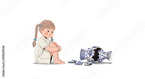 A small young girl with blonde braided hair wearing a simple beige dress sits on the floor beside a shattered ornate blue and white ceramic vase in a studio.