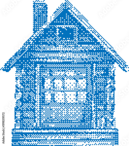 Blue pixelated log cabin illustration during daylight with a white background