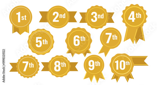 Gold Medals and Ribbons Showing Ranking Numbers 1st to 10th, Award Icons