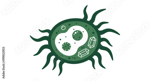 Green Microbe Illustration with Internal Structures and Spikes, Minimalist Graphic for Science