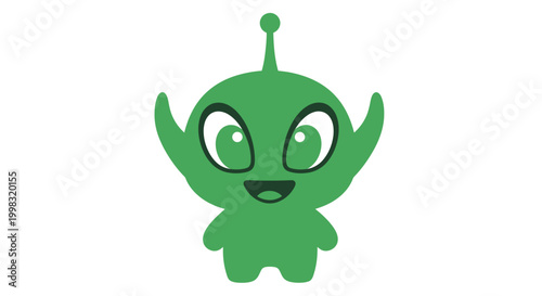 Green Alien Cartoon Character Icon with Big Eyes and Antenna, Minimalist Design