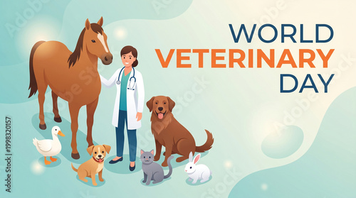 Veterinarian with Animals Celebrating World Veterinary Day, Horse, Dog, Cat, Rabbit, Duck