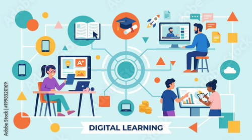 People engaged in digital learning activities.