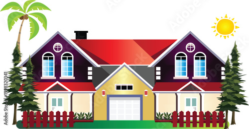 Suburban house architecture with palm tree and pine forest landscape at sunny day for real estate concept illustration design featuring red roof cottage and front yard garden scene.