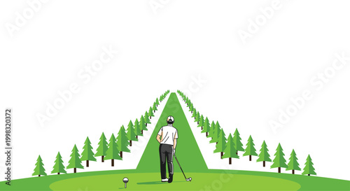A golfer stands on a green putting surface with a narrow fairway path bordered by rows of stylized pine trees under a minimalist sky for sports visualization.