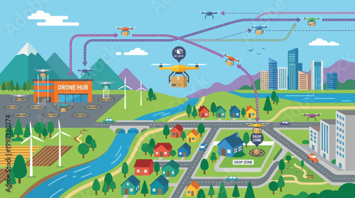 A vibrant illustration of a modern cityscape with drone delivery system.