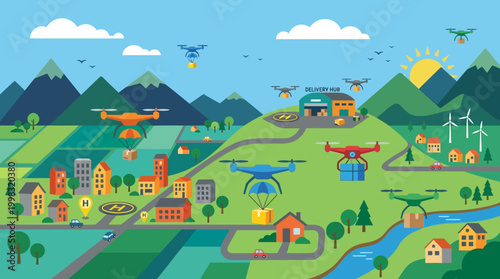 aerial view of a town with drones flying overhead.