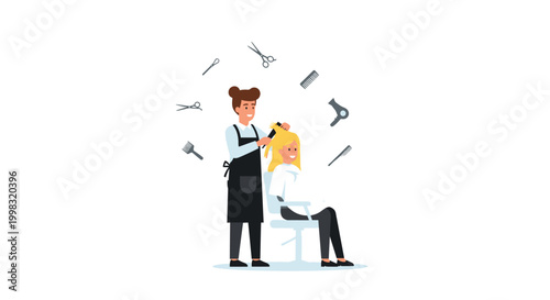 A young stylist brushes a client's blonde hair while surrounded by floating salon tool icons against a clean white background in a professional beauty service graphic.