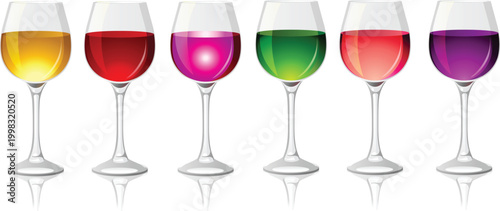 Set of colorful wine glasses filled with rainbow colored liquids for celebration event and party beverage decoration including red purple green orange and pink drinks for graphics.