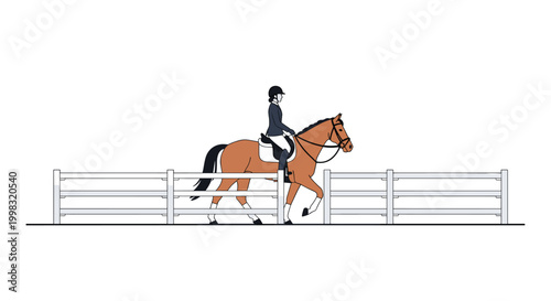A equestrian rider guides a brown horse through a wide, multi-rail metal gate in a bright, airy indoor riding arena with a smooth, light-toned background surface.