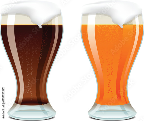 Two glasses of dark and light beer with thick white foam head for brewery advertisement and pub style refreshment graphic featuring cold malt beverages in elegant pilsner glassware.